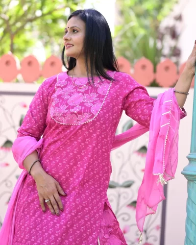 Festive Pink Floral Print Straight Cotton Kurti with Skirt