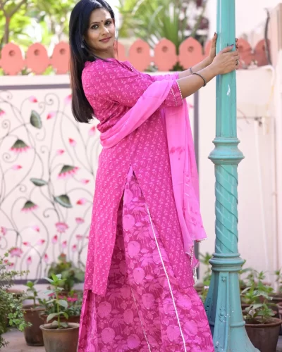 Festive Pink Floral Print Straight Cotton Kurti with Skirt