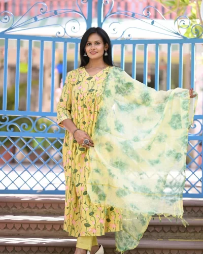 Lemon Yellow Pichwaai Print Aliya cut Suit Set