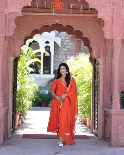 Orange Bandhani Chiffon Anarkali Suit Set