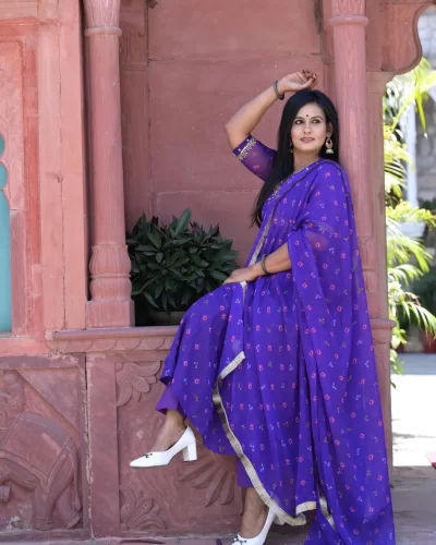 Dark Purple Bandhani Chiffon Anarkali Suit Set