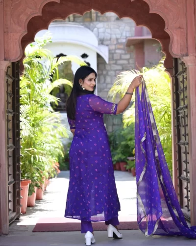 Dark Purple Bandhani Chiffon Anarkali Suit Set