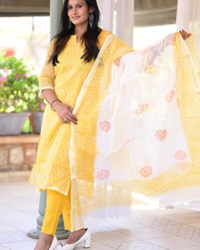 Yellow Doriya Hand Block Straight Suit Set