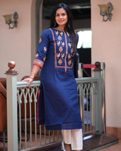 Navy Blue Embroidery Straight Kurta Set