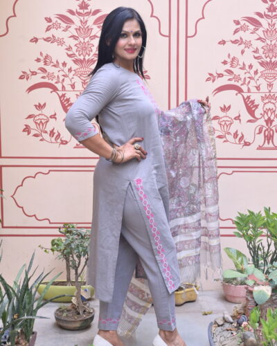 Grey Embroidered Suit with Hand-block Doriya Dupatta