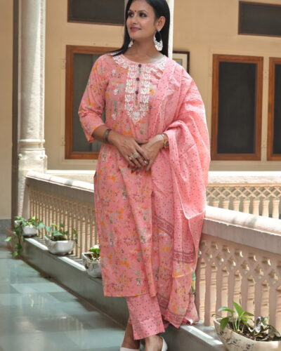 Peach Floral Embroidered Stright Suit Set