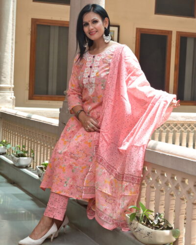 Peach Floral Embroidered Stright Suit Set