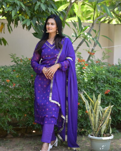 Dark Purple Bandhej Straight  Suit