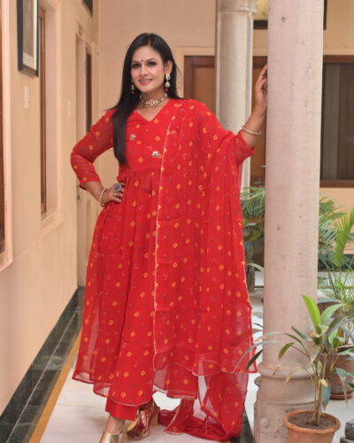 Red Bandhej Chiffon Flared Suit